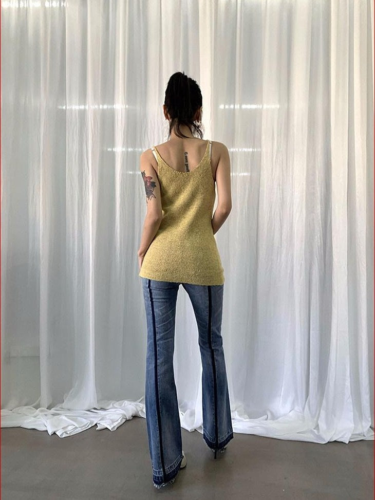 FOURFORTY Dragon Print A Line Knit Narrow Straps Women's Polyester Acrylic Blend Tank Tops
