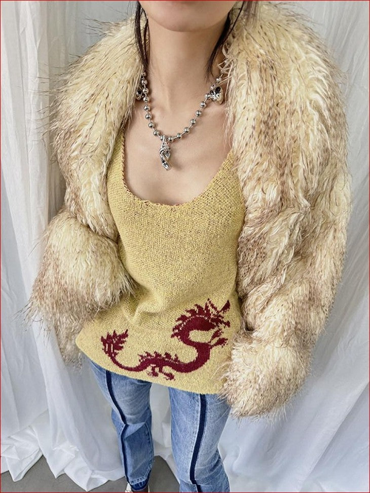 FOURFORTY Dragon Print A Line Knit Narrow Straps Women's Polyester Acrylic Blend Tank Tops