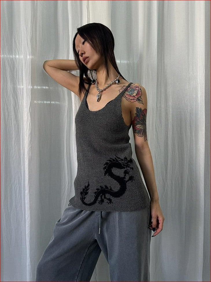 FOURFORTY Dragon Print A Line Knit Narrow Straps Women's Polyester Acrylic Blend Tank Tops