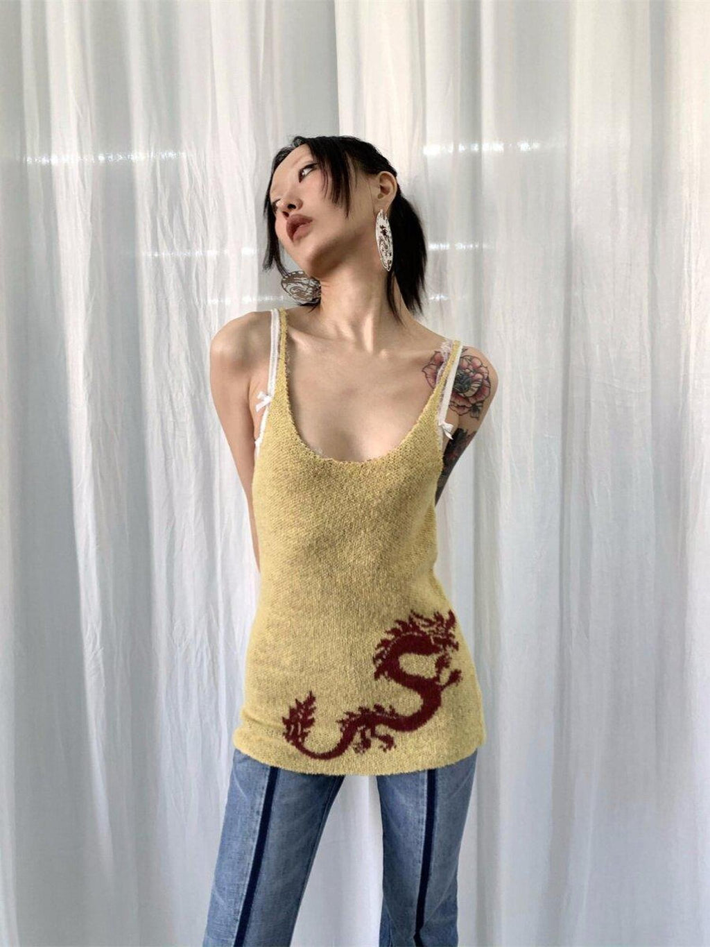 FOURFORTY Dragon Print A Line Knit Narrow Straps Women's Polyester Acrylic Blend Tank Tops