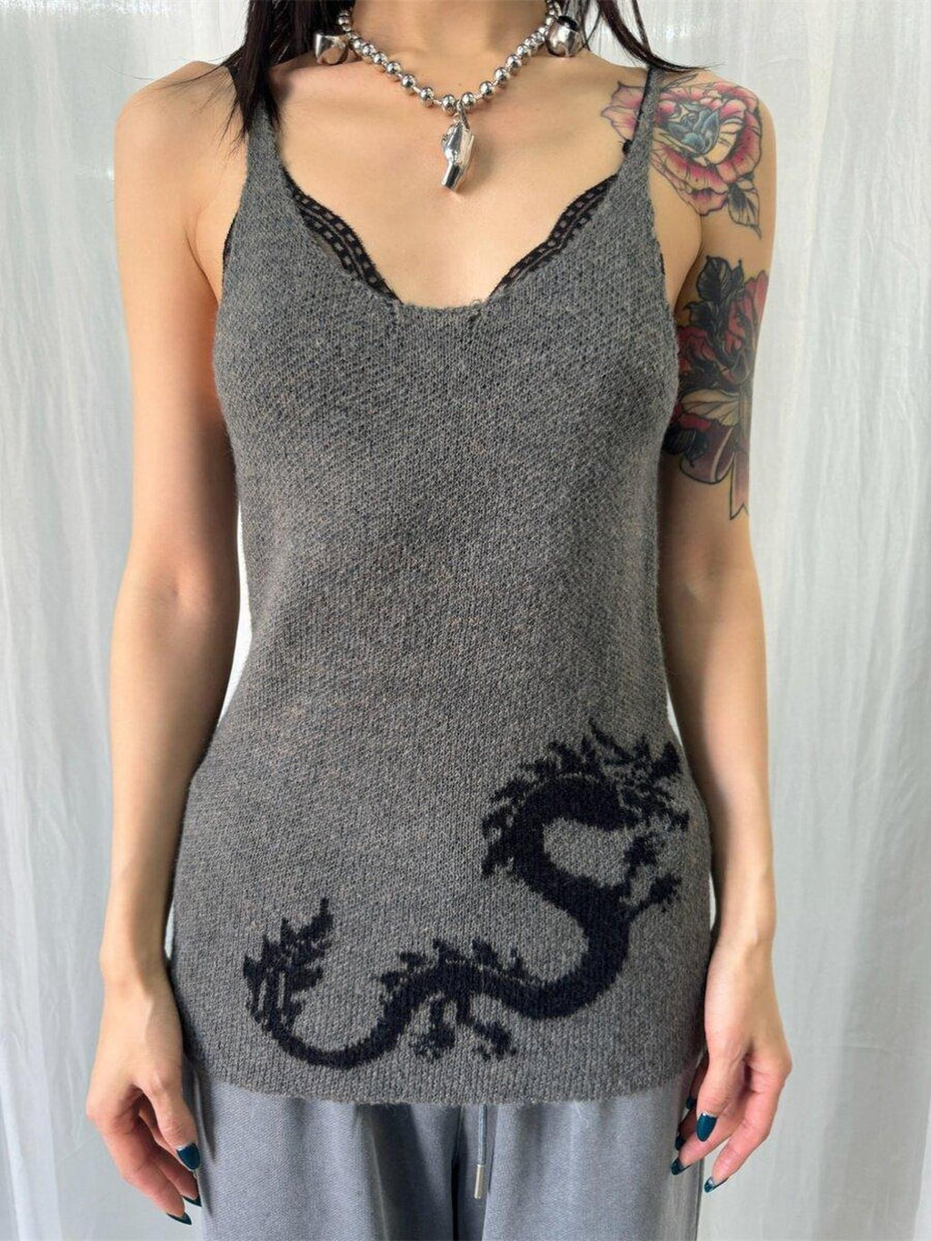 FOURFORTY Dragon Print A Line Knit Narrow Straps Women's Polyester Acrylic Blend Tank Tops