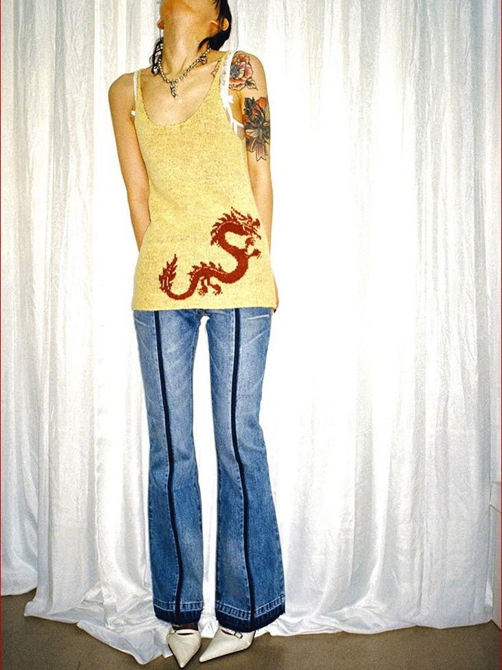 FOURFORTY Dragon Print A Line Knit Narrow Straps Women's Polyester Acrylic Blend Tank Tops