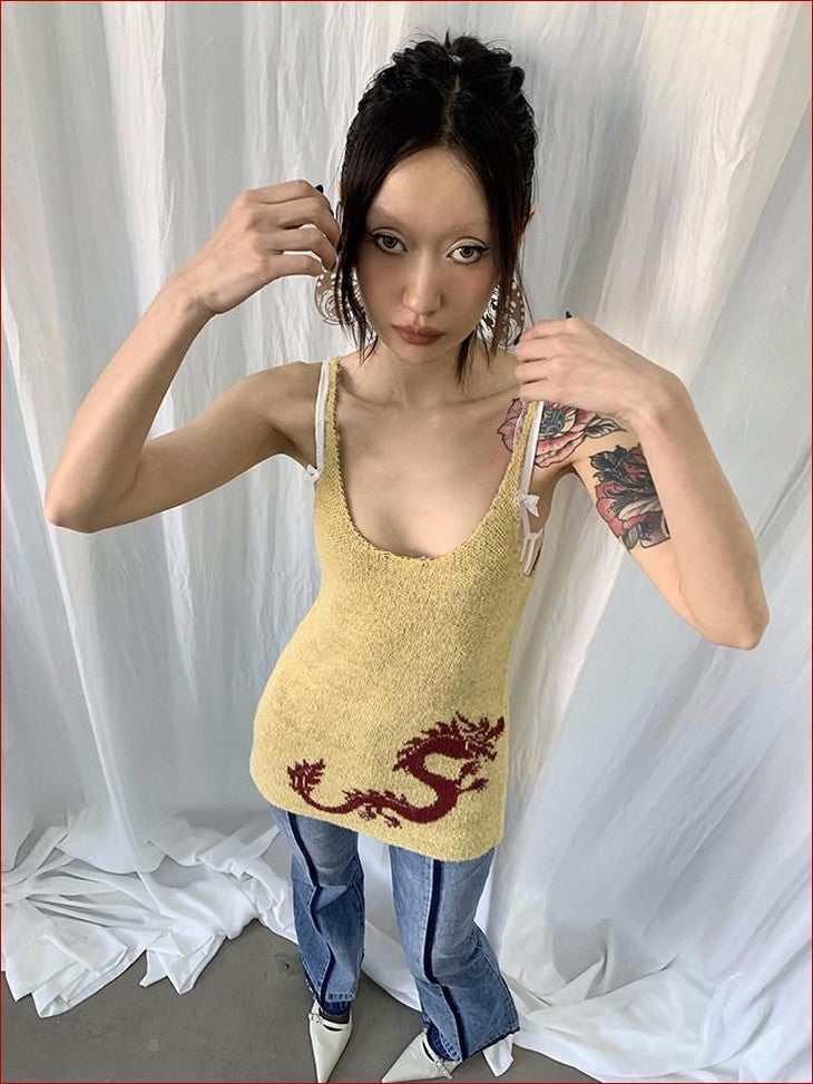 FOURFORTY Dragon Print A Line Knit Narrow Straps Women's Polyester Acrylic Blend Tank Tops