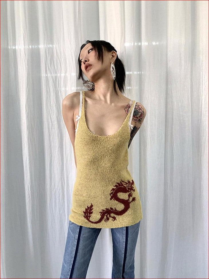 FOURFORTY Dragon Print A Line Knit Narrow Straps Women's Polyester Acrylic Blend Tank Tops