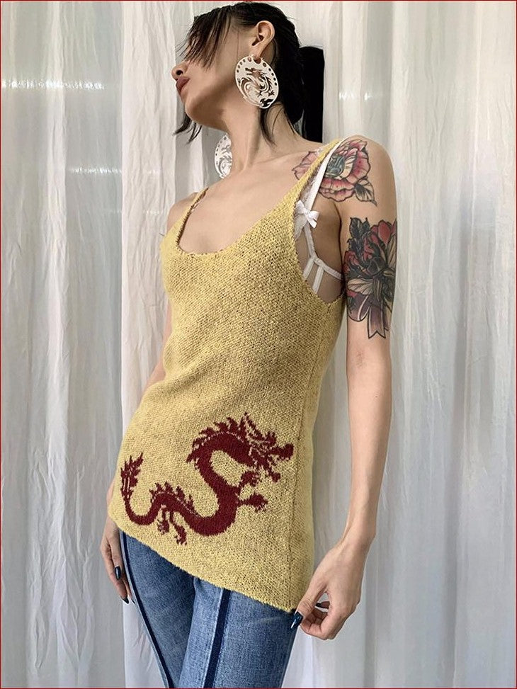 FOURFORTY Dragon Print A Line Knit Narrow Straps Women's Polyester Acrylic Blend Tank Tops