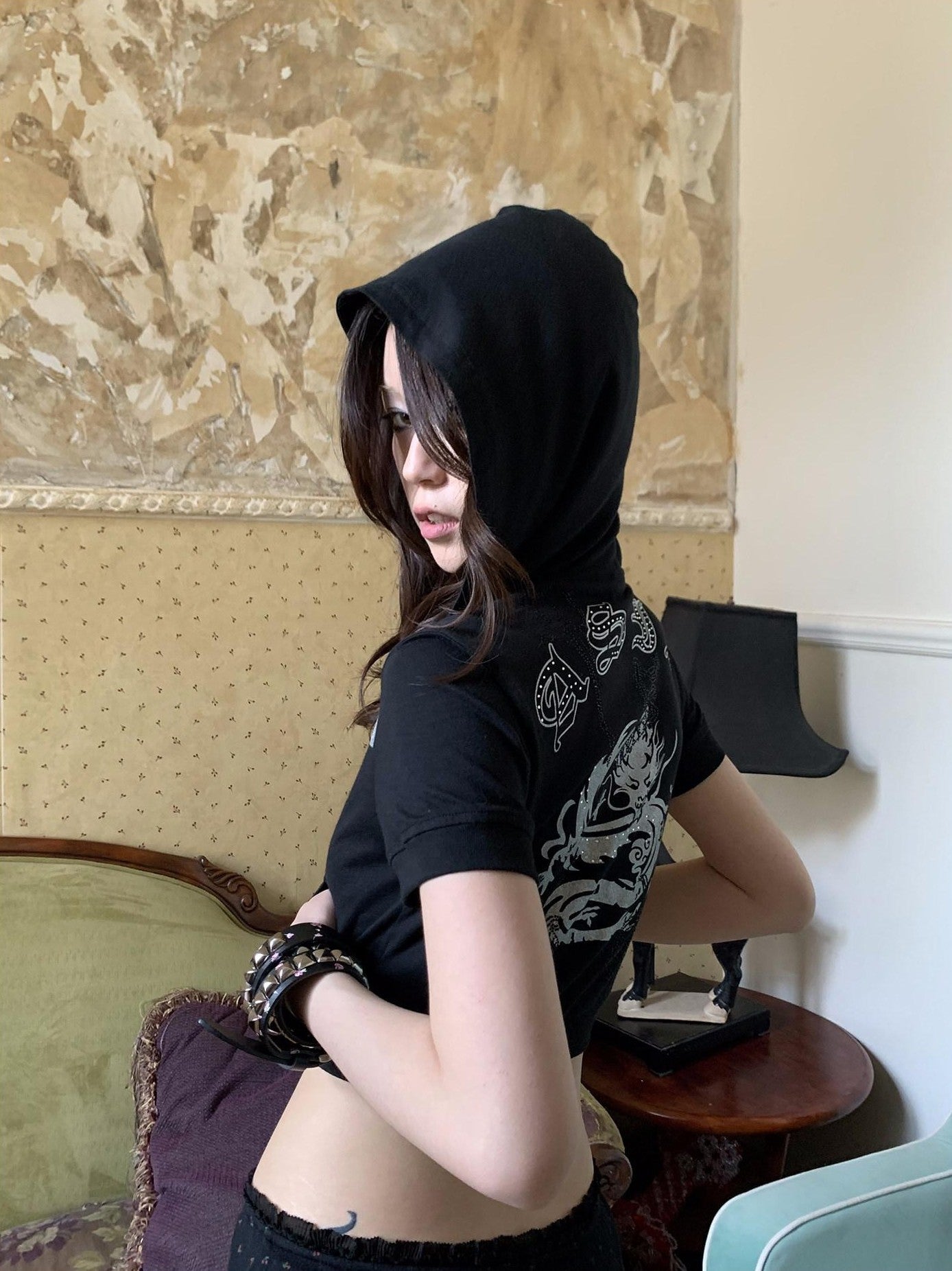 FOURFORTY Eagle Print Striped Hooded Zip Women's Cotton Short Sleeve T-shirts