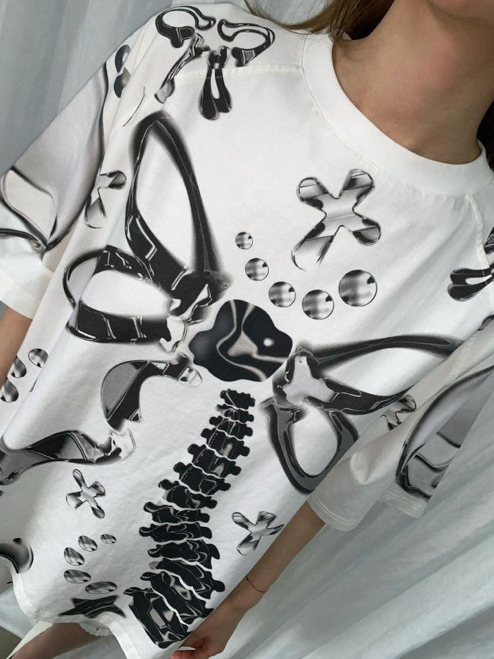 FOURFORTY Edgy 2d Metal Print Metal Frame Bow Women's Oversized Short Sleeve T-shirts