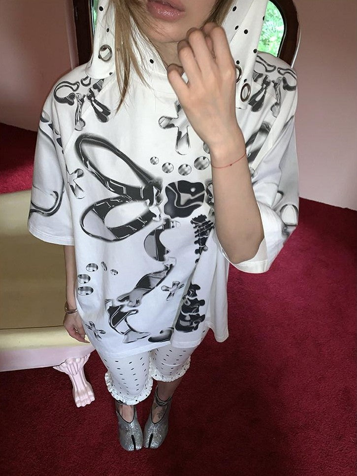 FOURFORTY Edgy 2d Metal Print Metal Frame Bow Women's Oversized Short Sleeve T-shirts