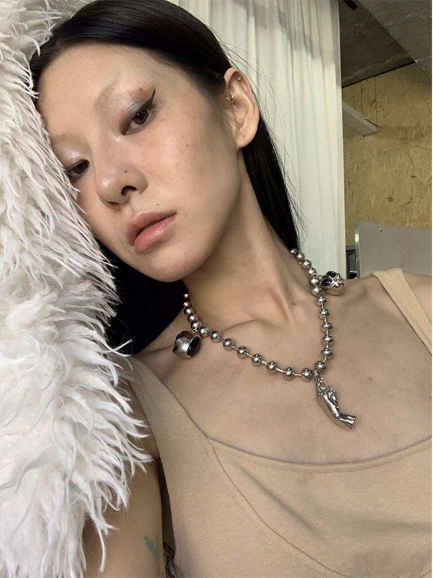 FOURFORTY Elegant Cosmic Hand Gesture Women's Metal Large Bead Black Gemstone Necklaces