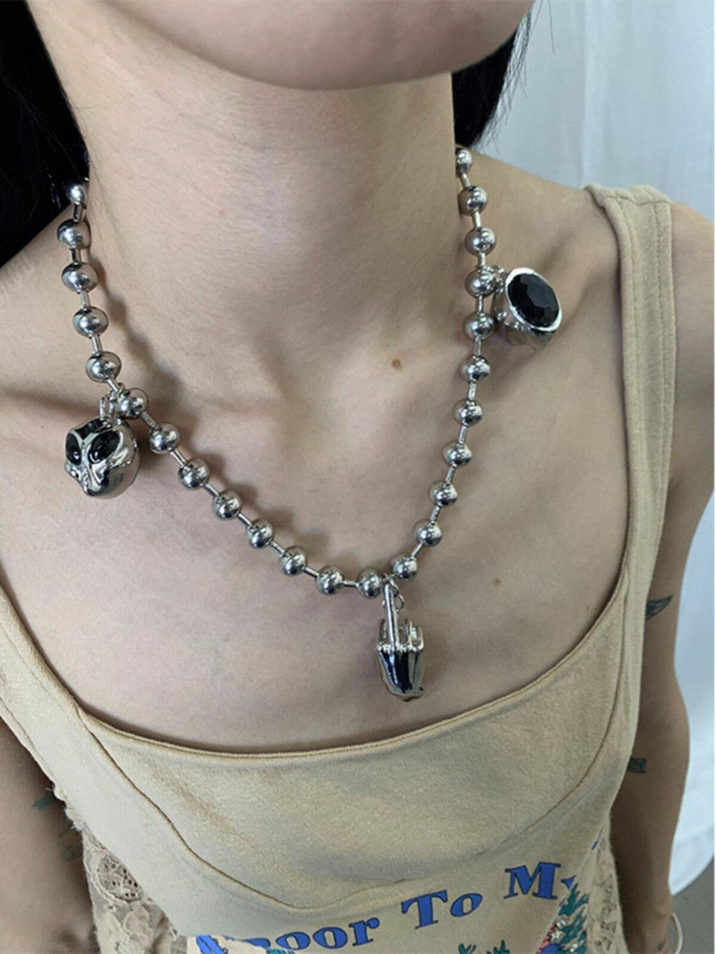 FOURFORTY Elegant Cosmic Hand Gesture Women's Metal Large Bead Black Gemstone Necklaces