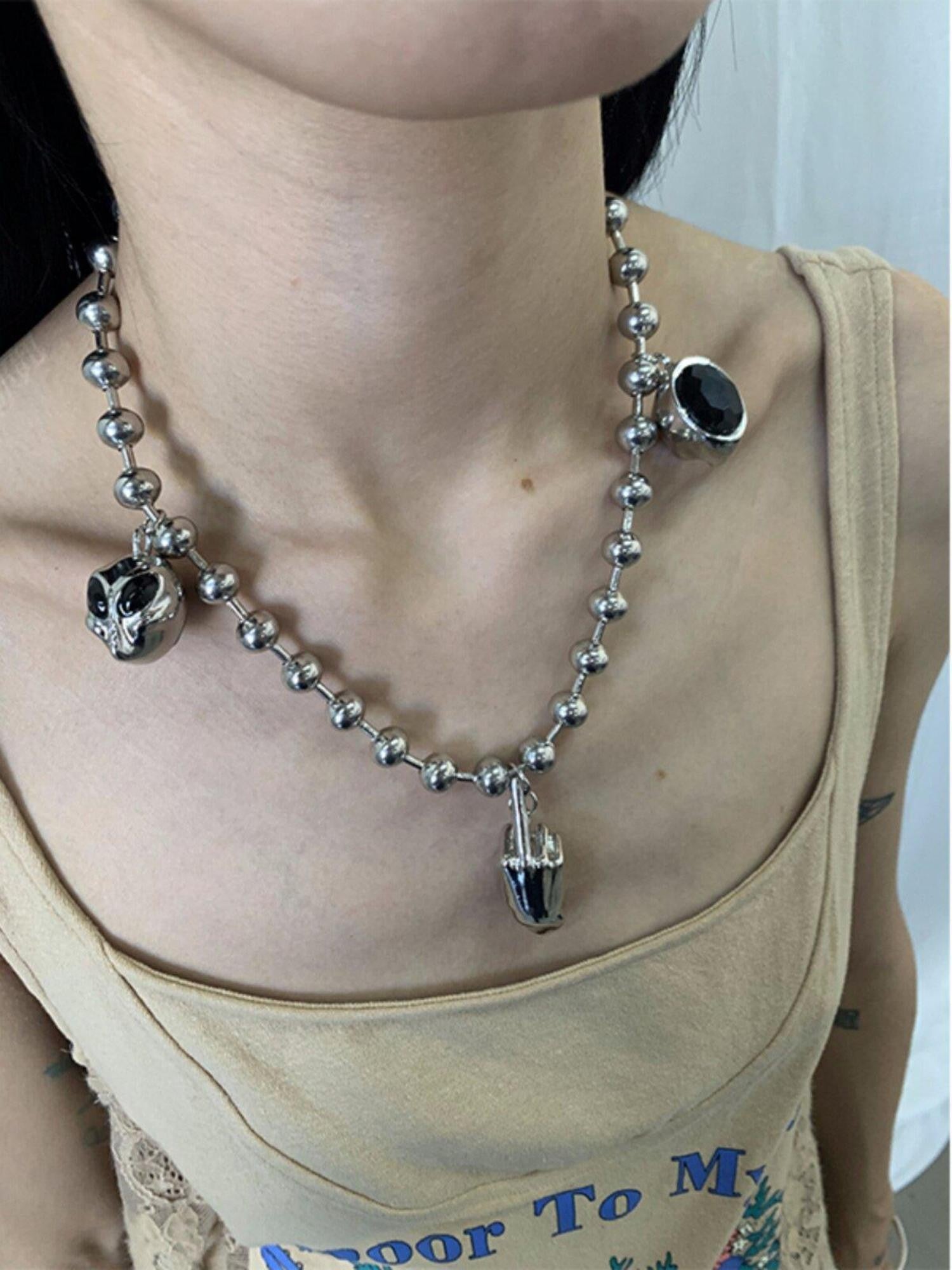 FOURFORTY Elegant Cosmic Hand Gesture Women's Metal Large Bead Black Gemstone Necklaces