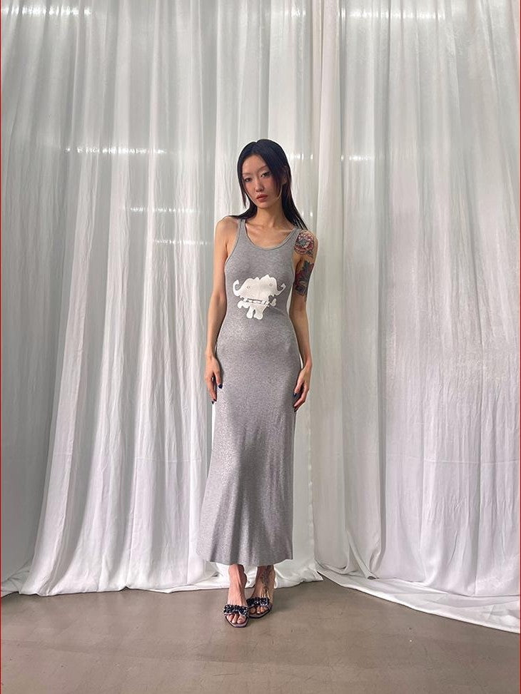 FOURFORTY Elephant Print Glitter Streetwear Women's Slip Maxi Dresses