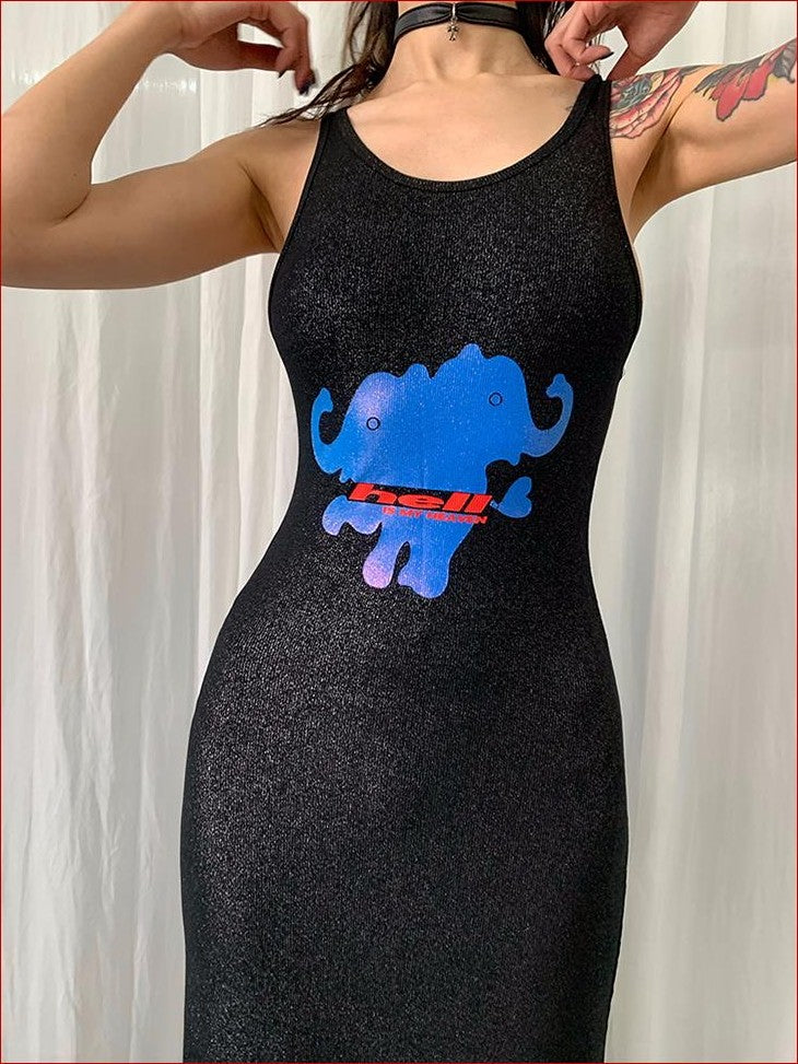FOURFORTY Elephant Print Glitter Streetwear Women's Slip Maxi Dresses