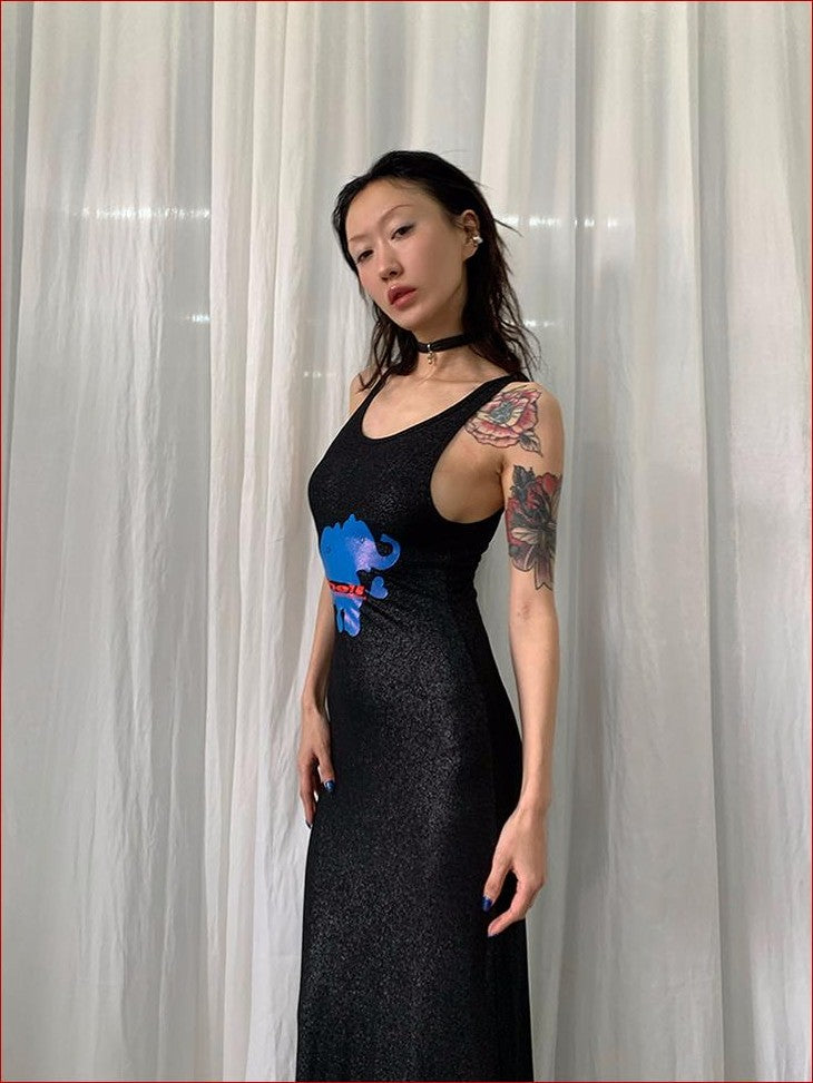 FOURFORTY Elephant Print Glitter Streetwear Women's Slip Maxi Dresses
