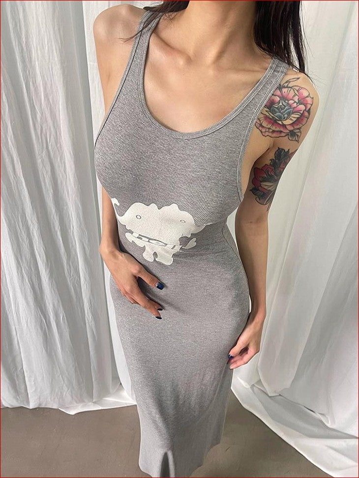 FOURFORTY Elephant Print Glitter Streetwear Women's Slip Maxi Dresses