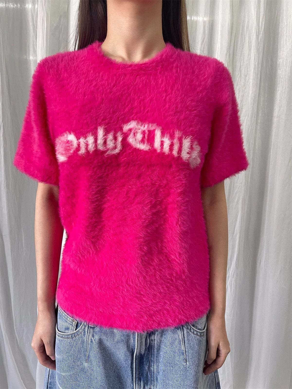 FOURFORTY_Fuchsia_Text_Print_Faux_Mink_Fur_Loose_Women's_Nylon_Short_Sleeve_T-shirts_773442527548_MISSTT