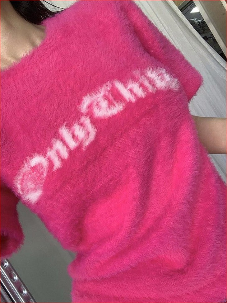 FOURFORTY Fuchsia Text Print Faux Mink Fur Loose Women's Nylon Short Sleeve T-shirts