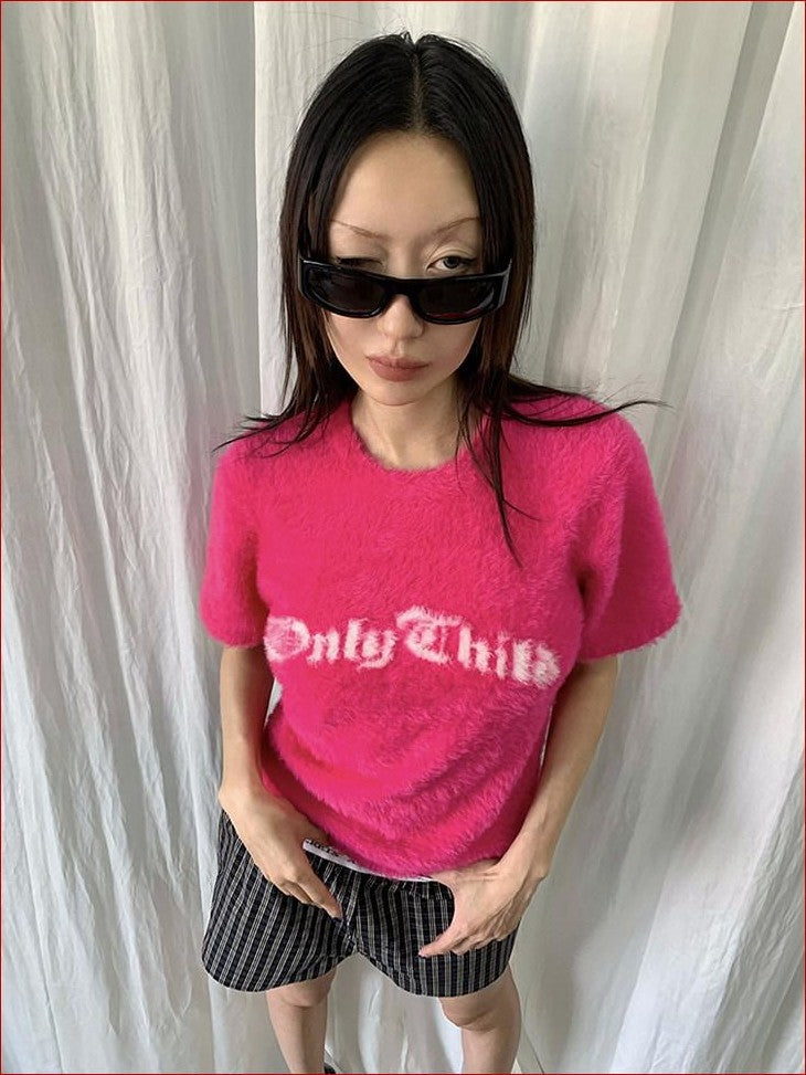 FOURFORTY Fuchsia Text Print Faux Mink Fur Loose Women's Nylon Short Sleeve T-shirts