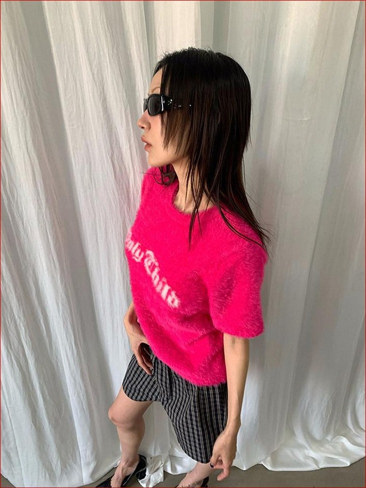 FOURFORTY Fuchsia Text Print Faux Mink Fur Loose Women's Nylon Short Sleeve T-shirts