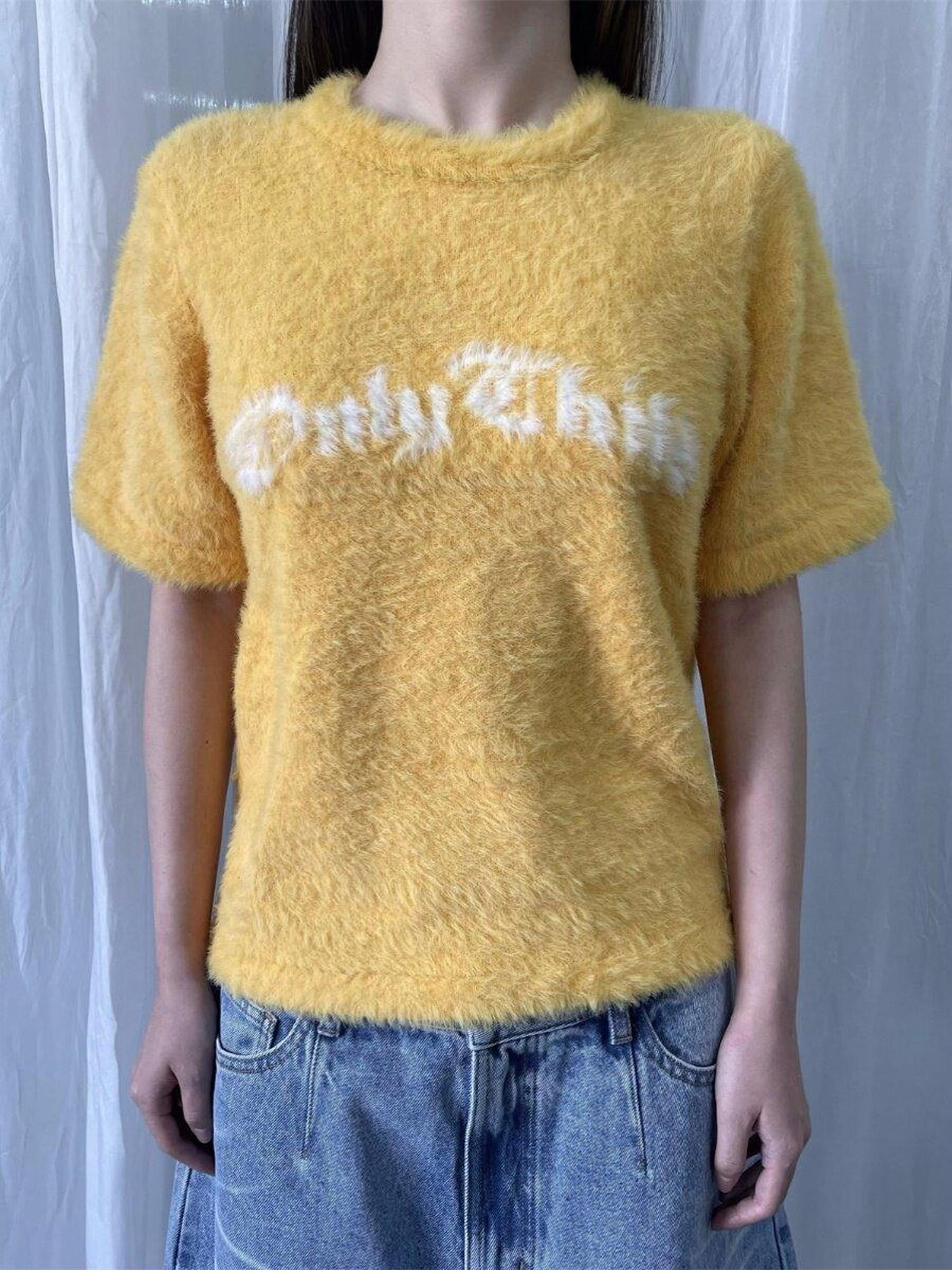 FOURFORTY Fuchsia Text Print Faux Mink Fur Loose Women's Nylon Short Sleeve T-shirts