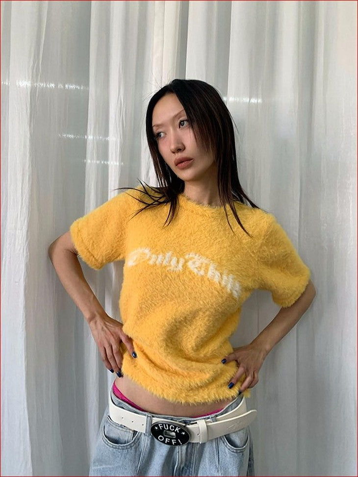 FOURFORTY Fuchsia Text Print Faux Mink Fur Loose Women's Nylon Short Sleeve T-shirts