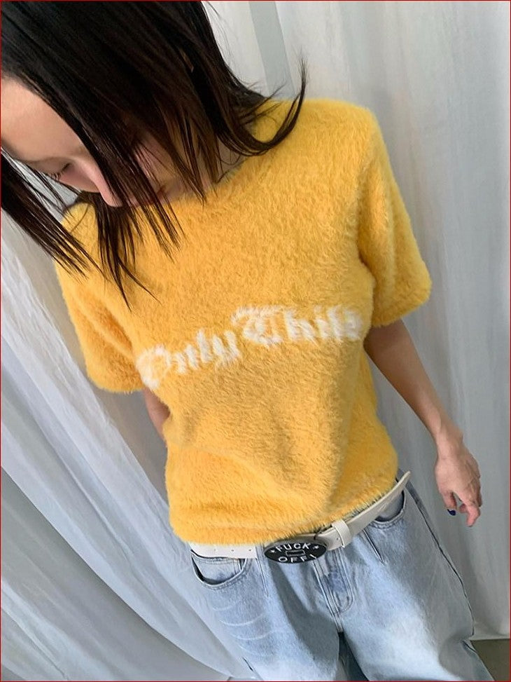 FOURFORTY Fuchsia Text Print Faux Mink Fur Loose Women's Nylon Short Sleeve T-shirts