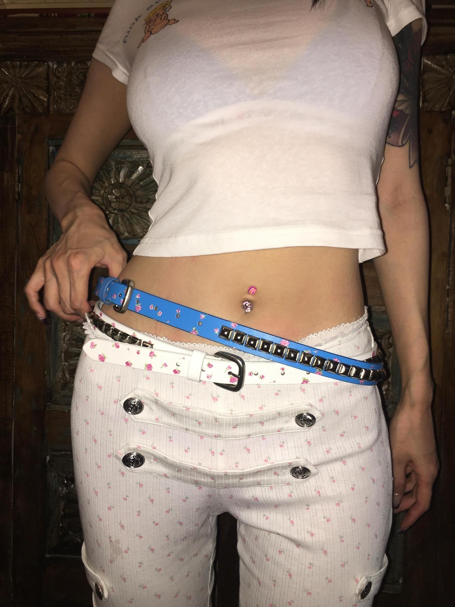 FOURFORTY Hard Soft Fusion Riveted Punk Stud Floral Print Women's Belts