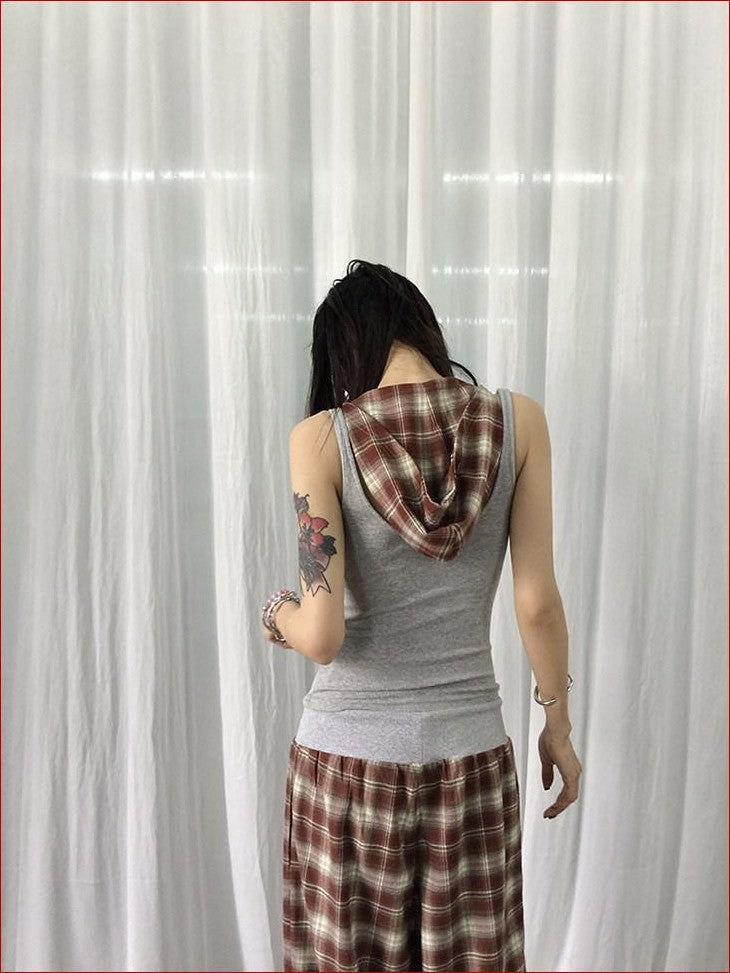 FOURFORTY Hooded Deconstructed Plaid Strappy Vest Style Women's Camisoles