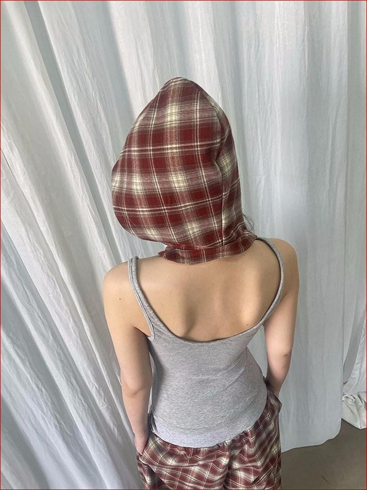 FOURFORTY Hooded Deconstructed Plaid Strappy Vest Style Women's Camisoles