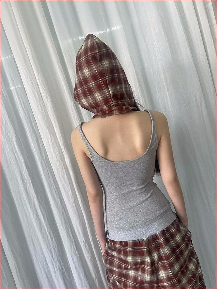 FOURFORTY Hooded Deconstructed Plaid Strappy Vest Style Women's Camisoles