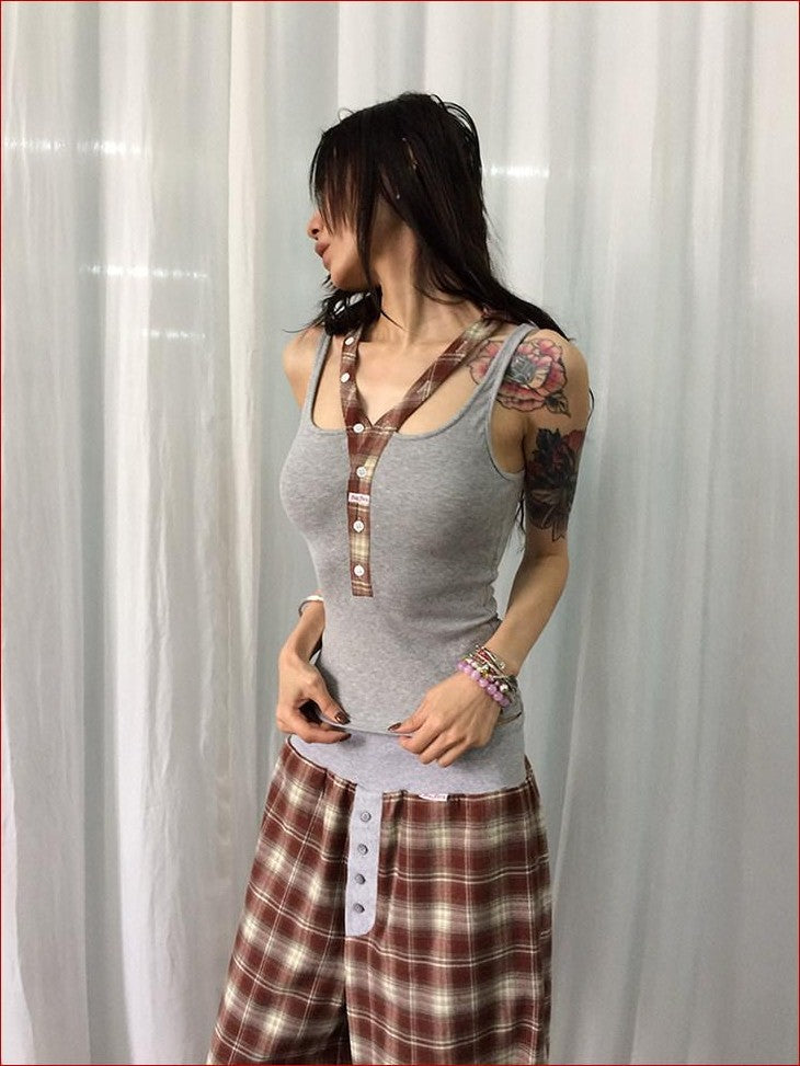 FOURFORTY Hooded Deconstructed Plaid Strappy Vest Style Women's Camisoles