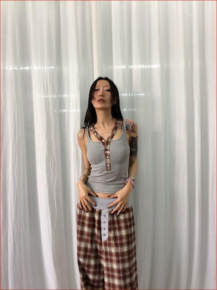 FOURFORTY Hooded Deconstructed Plaid Strappy Vest Style Women's Camisoles