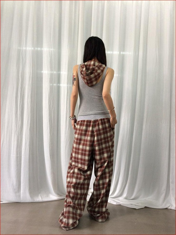 FOURFORTY Hooded Deconstructed Plaid Strappy Vest Style Women's Camisoles