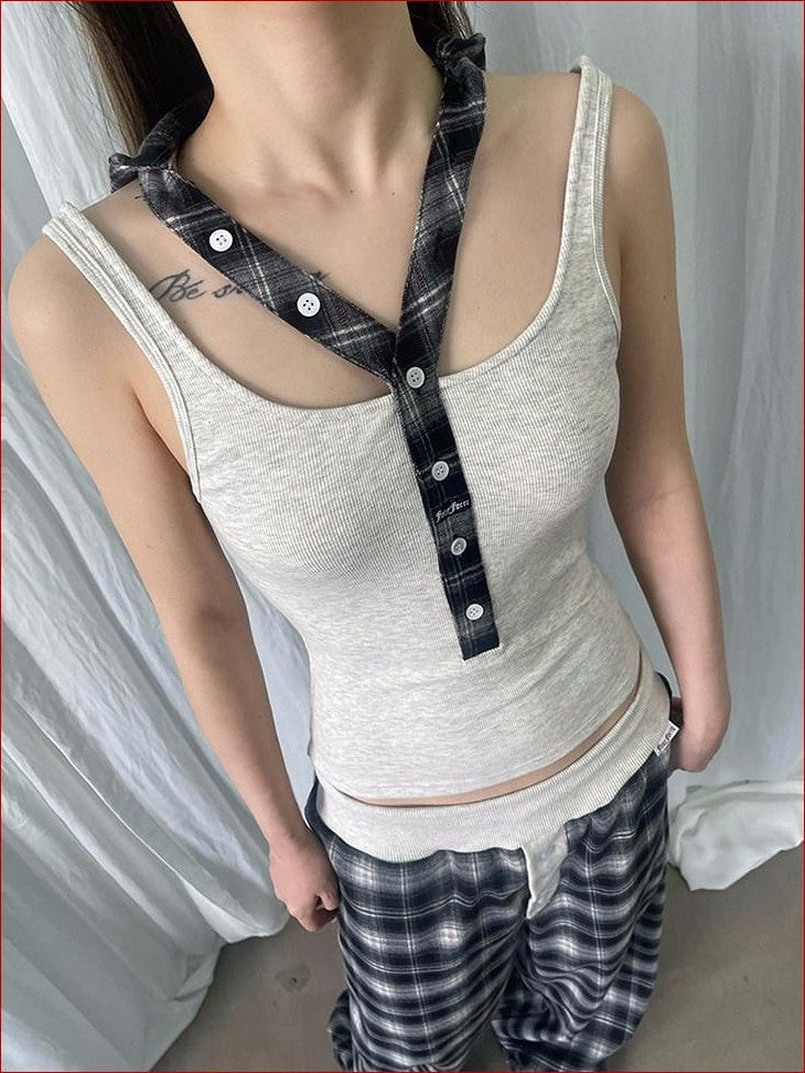 FOURFORTY Hooded Deconstructed Plaid Strappy Vest Style Women's Camisoles