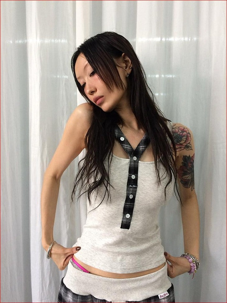 FOURFORTY Hooded Deconstructed Plaid Strappy Vest Style Women's Camisoles