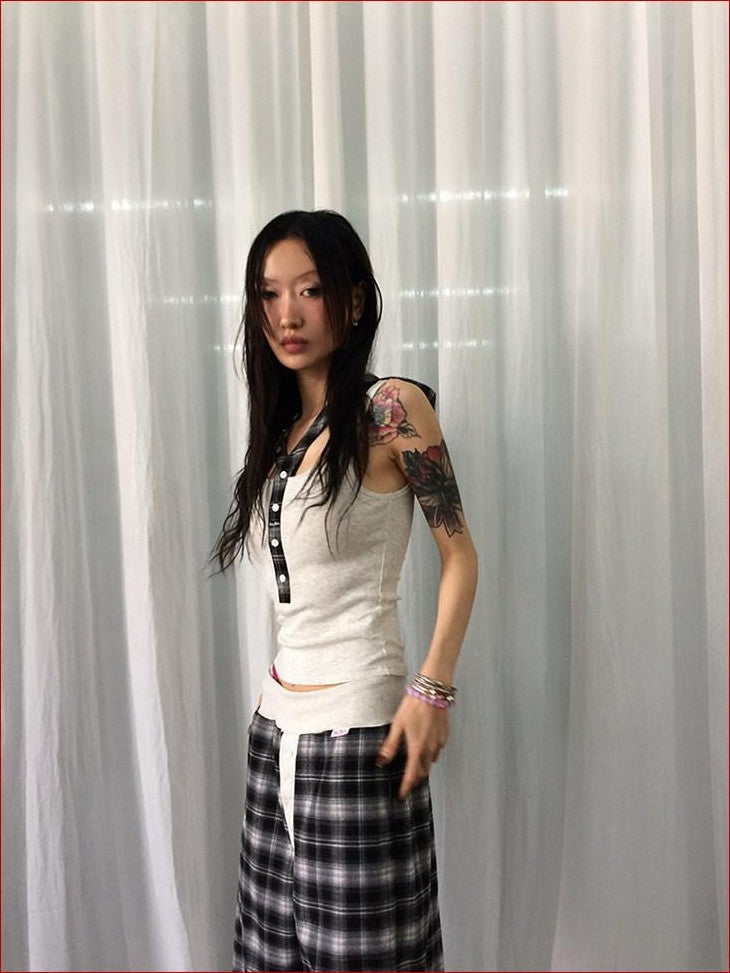 FOURFORTY Hooded Deconstructed Plaid Strappy Vest Style Women's Camisoles