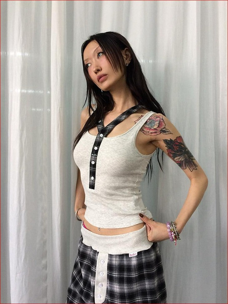 FOURFORTY Hooded Deconstructed Plaid Strappy Vest Style Women's Camisoles