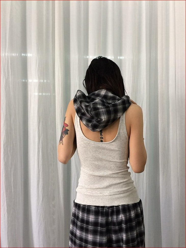 FOURFORTY Hooded Deconstructed Plaid Strappy Vest Style Women's Camisoles