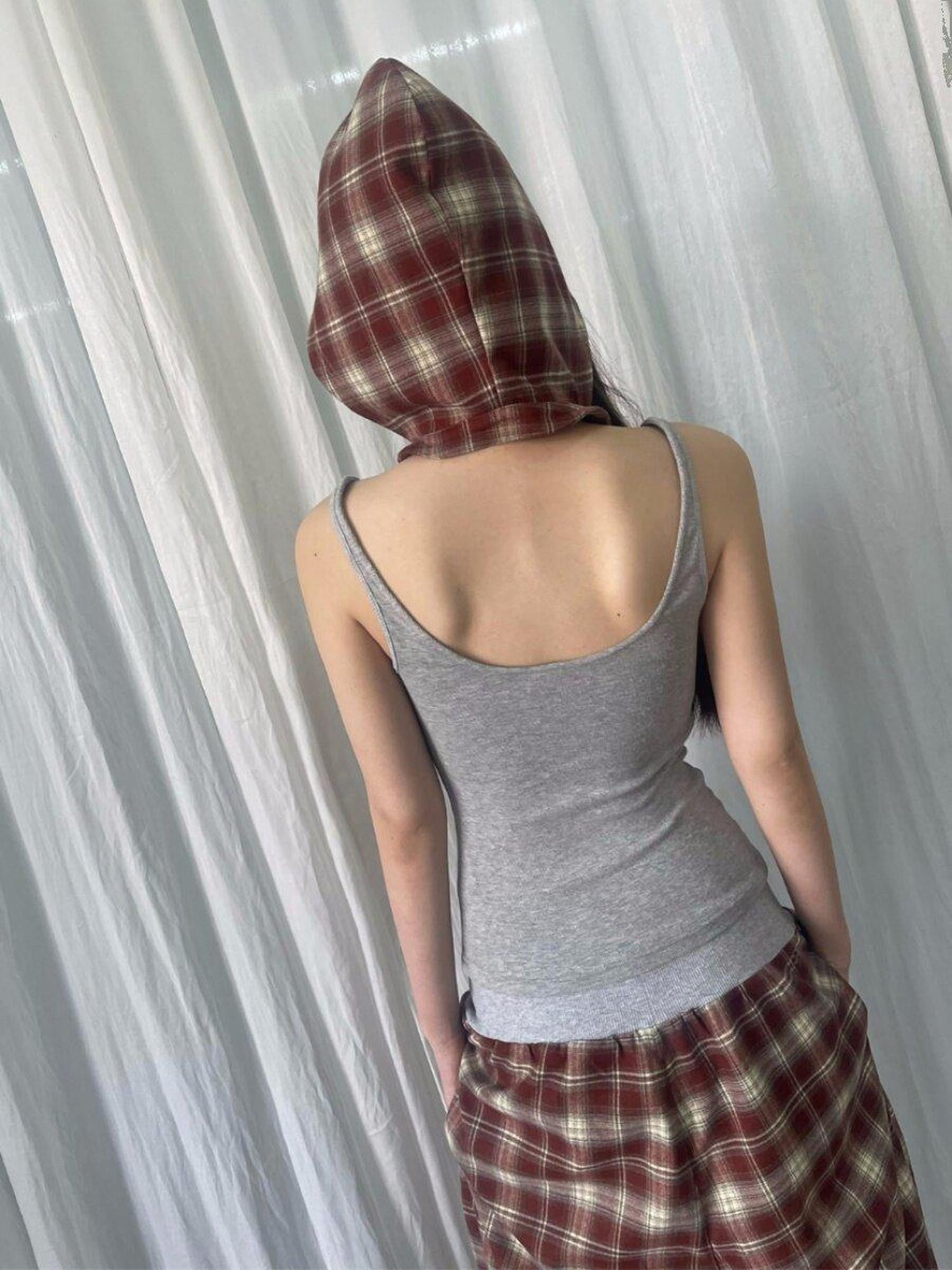 FOURFORTY Hooded Deconstructed Plaid Strappy Vest Style Women's Camisoles