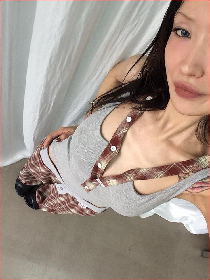 FOURFORTY Hooded Deconstructed Plaid Strappy Vest Style Women's Camisoles