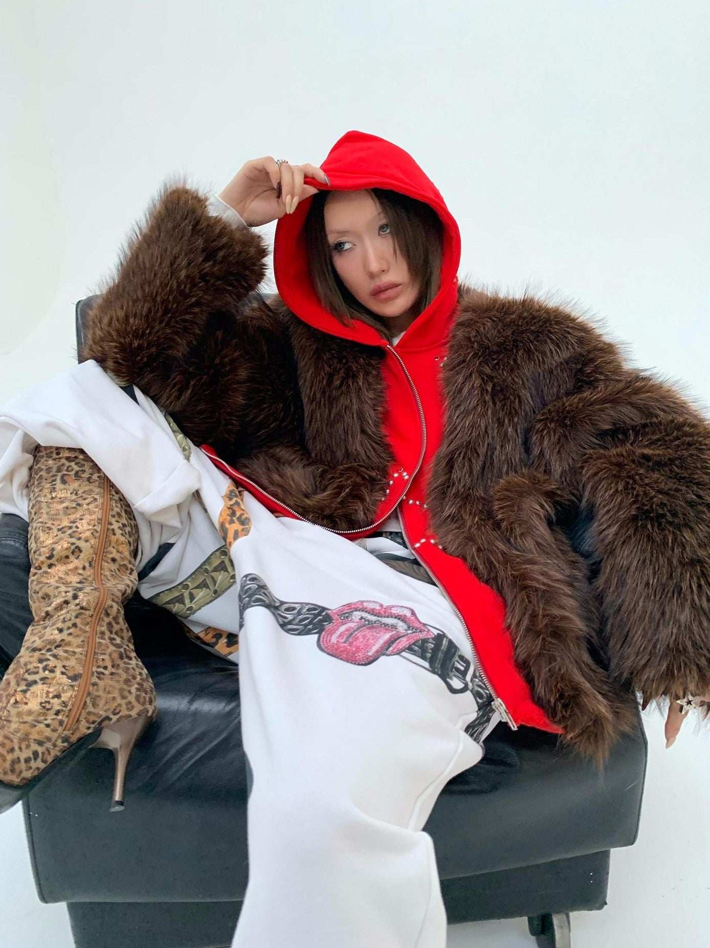 FOURFORTY Hooded Star Rivet Detail Women's Eco Friendly Faux Fur Coats