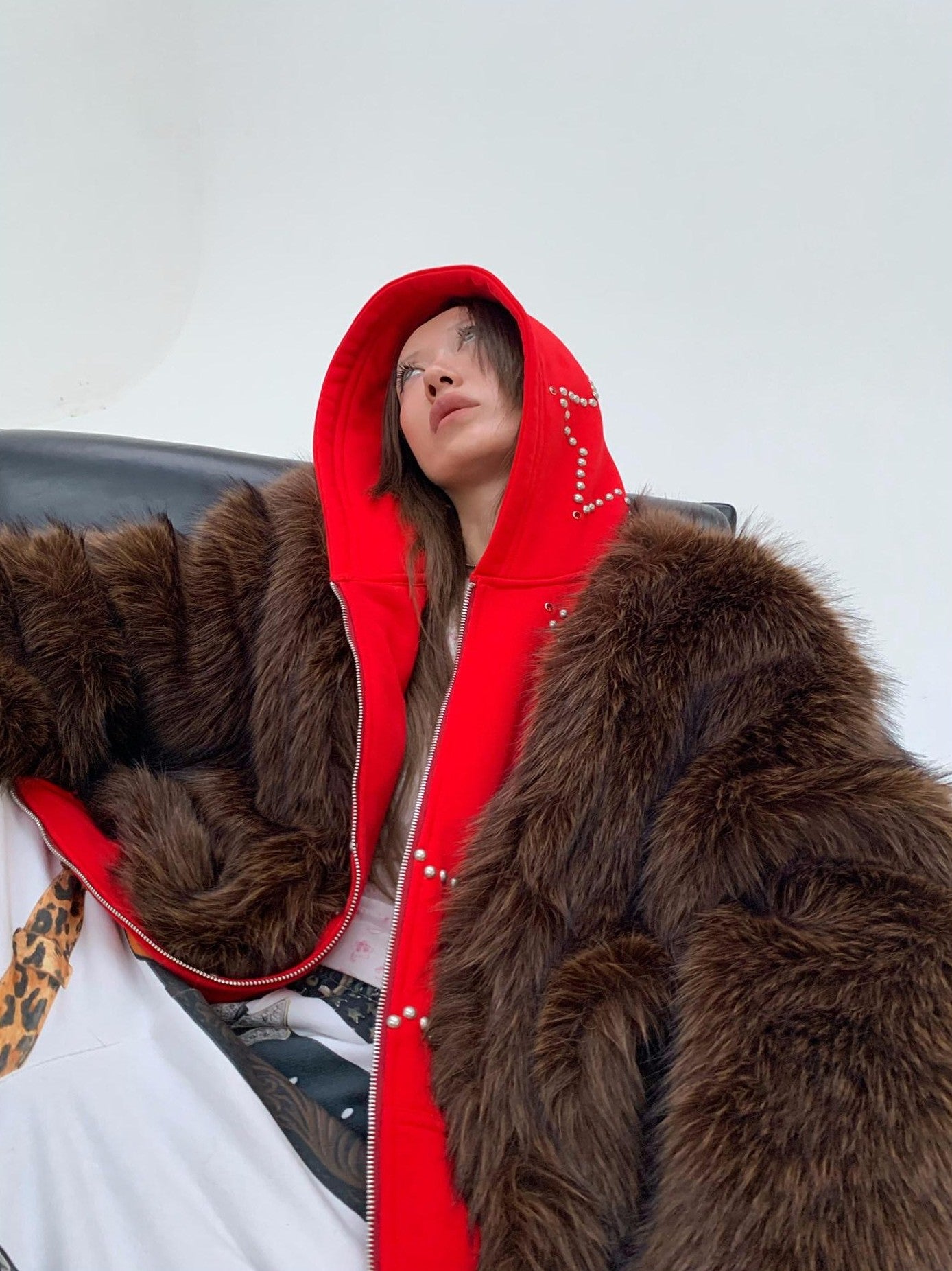 FOURFORTY Hooded Star Rivet Detail Women's Eco Friendly Faux Fur Coats