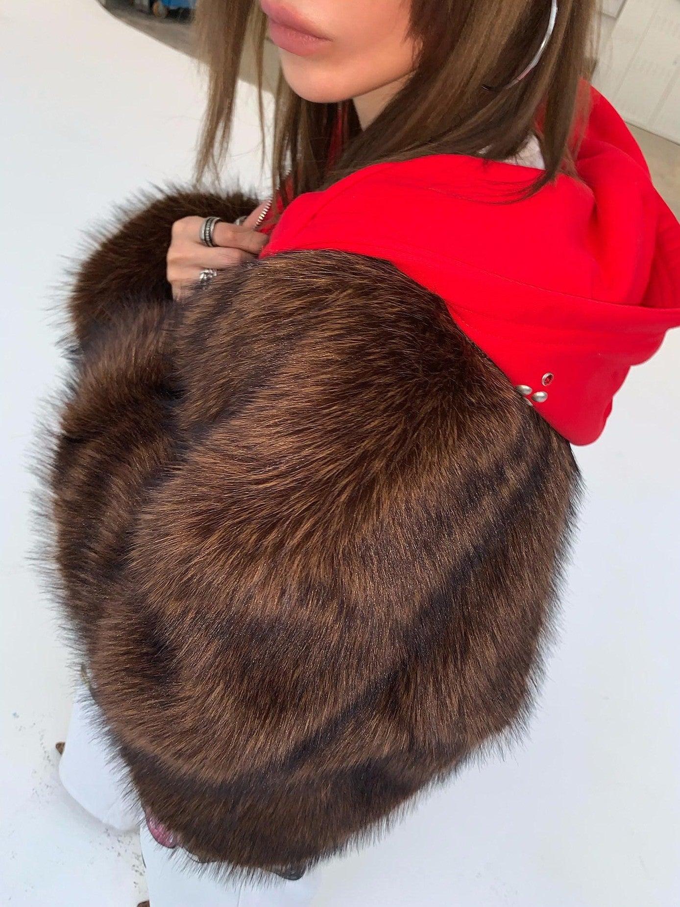 FOURFORTY Hooded Star Rivet Detail Women's Eco Friendly Faux Fur Coats