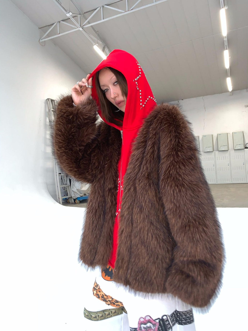 FOURFORTY Hooded Star Rivet Detail Women's Eco Friendly Faux Fur Coats