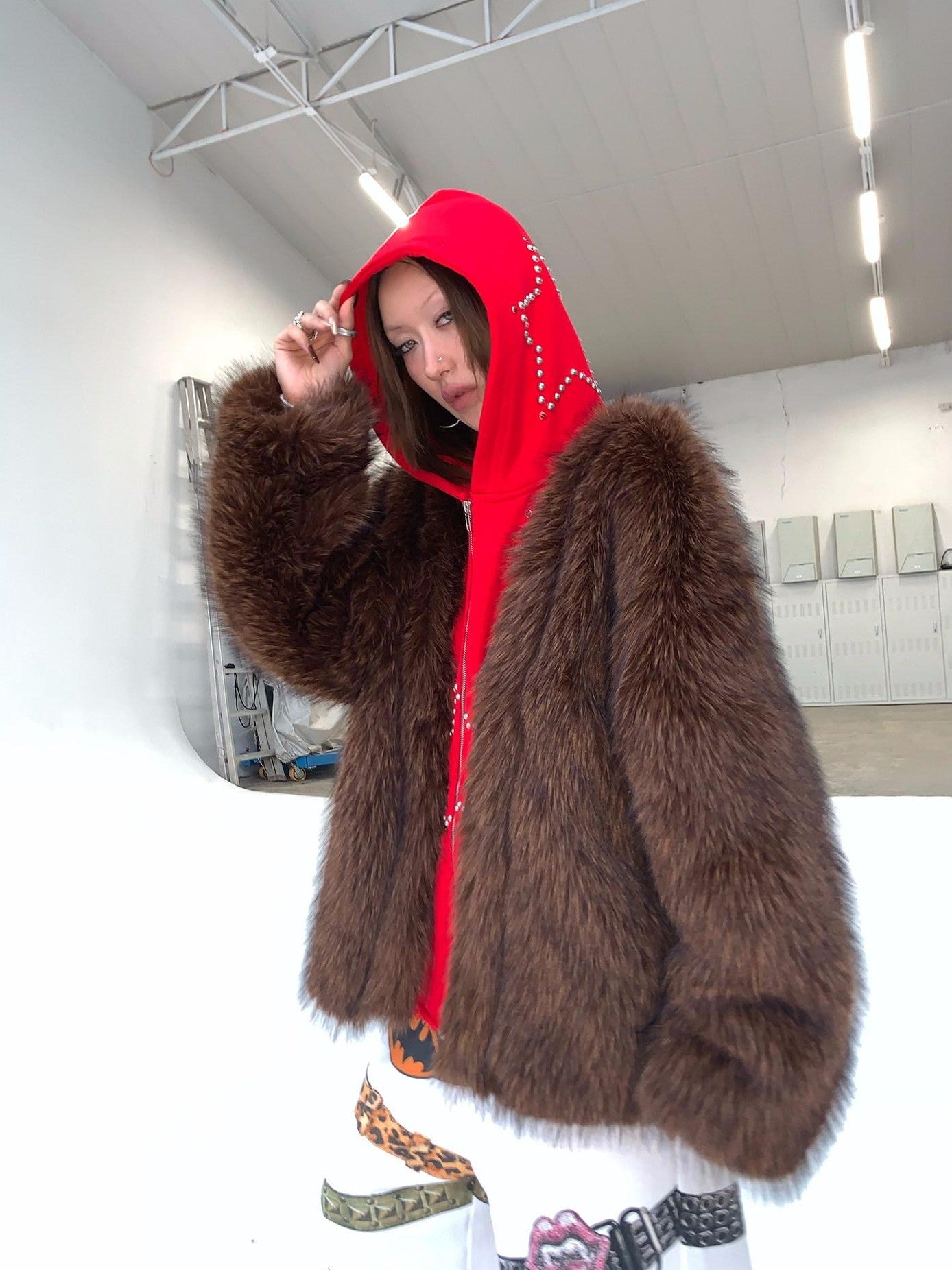 FOURFORTY Hooded Star Rivet Detail Women's Eco Friendly Faux Fur Coats