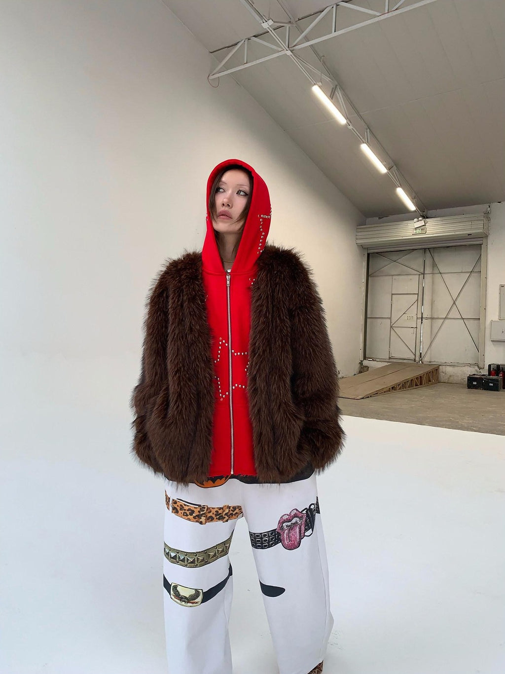 FOURFORTY Hooded Star Rivet Detail Women's Eco Friendly Faux Fur Coats