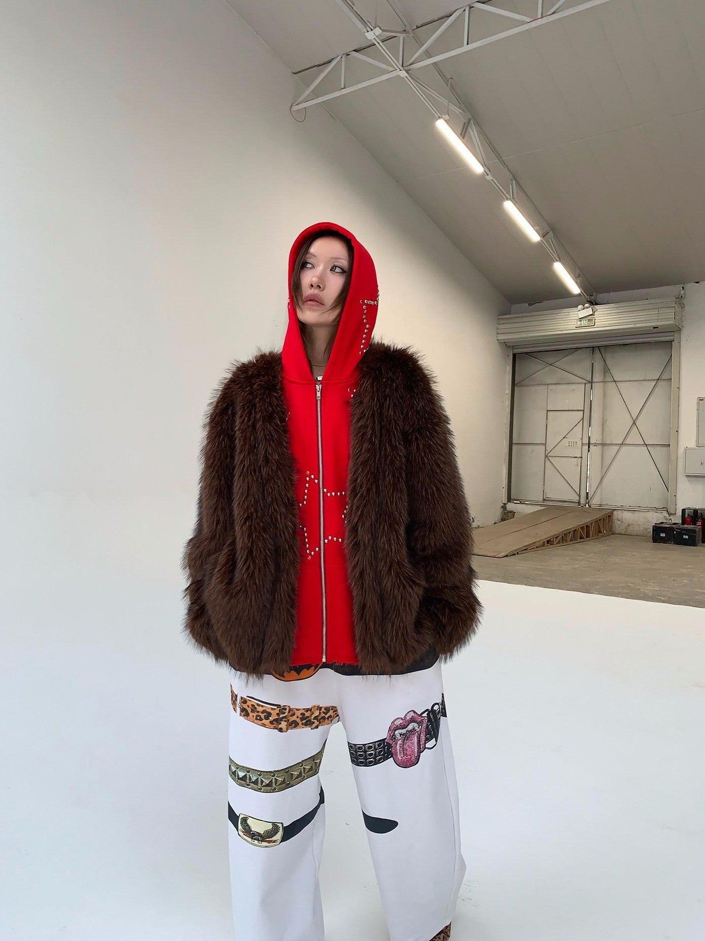 FOURFORTY Hooded Star Rivet Detail Women's Eco Friendly Faux Fur Coats