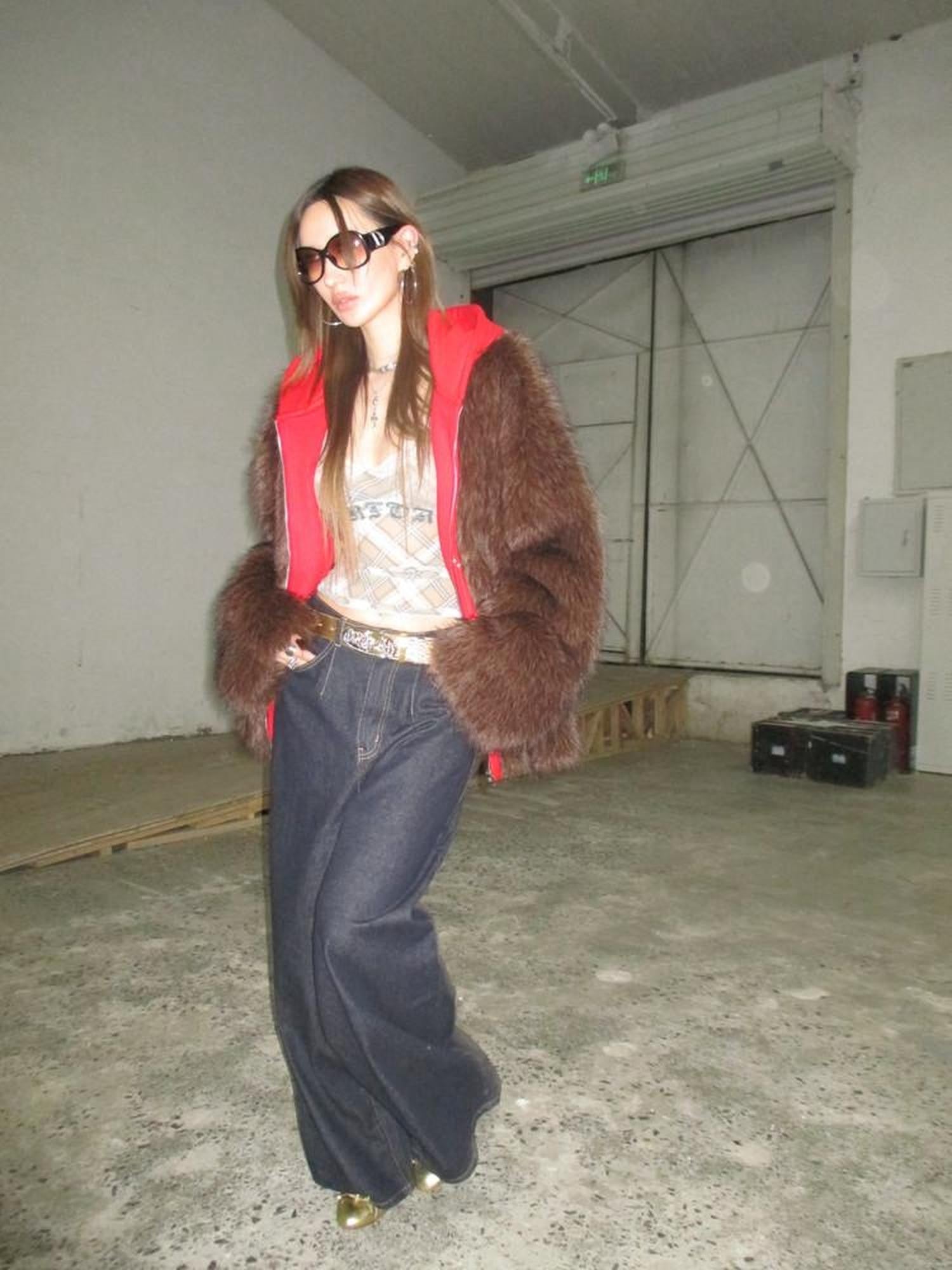 FOURFORTY Hooded Star Rivet Detail Women's Eco Friendly Faux Fur Coats