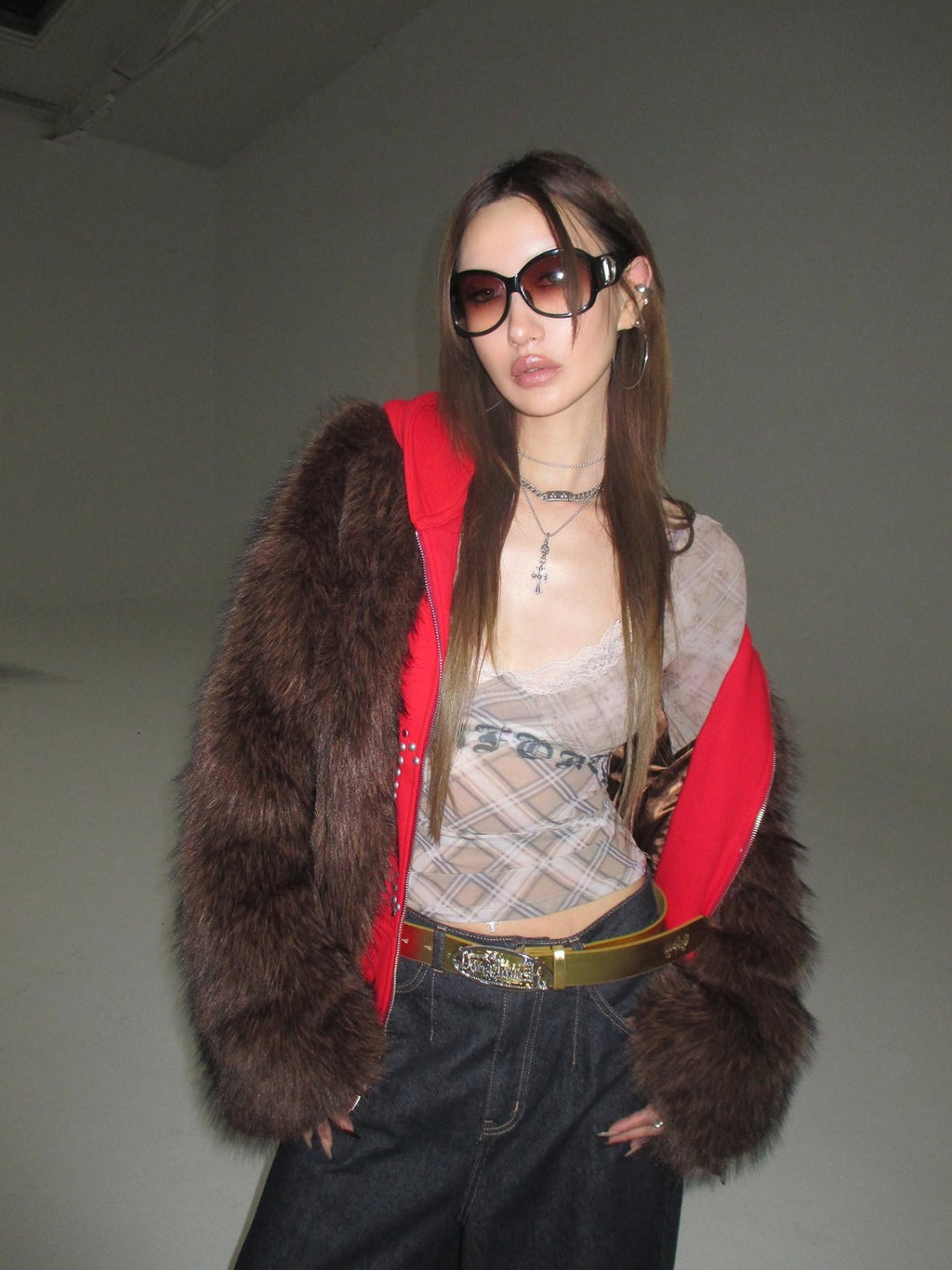 FOURFORTY Hooded Star Rivet Detail Women's Eco Friendly Faux Fur Coats