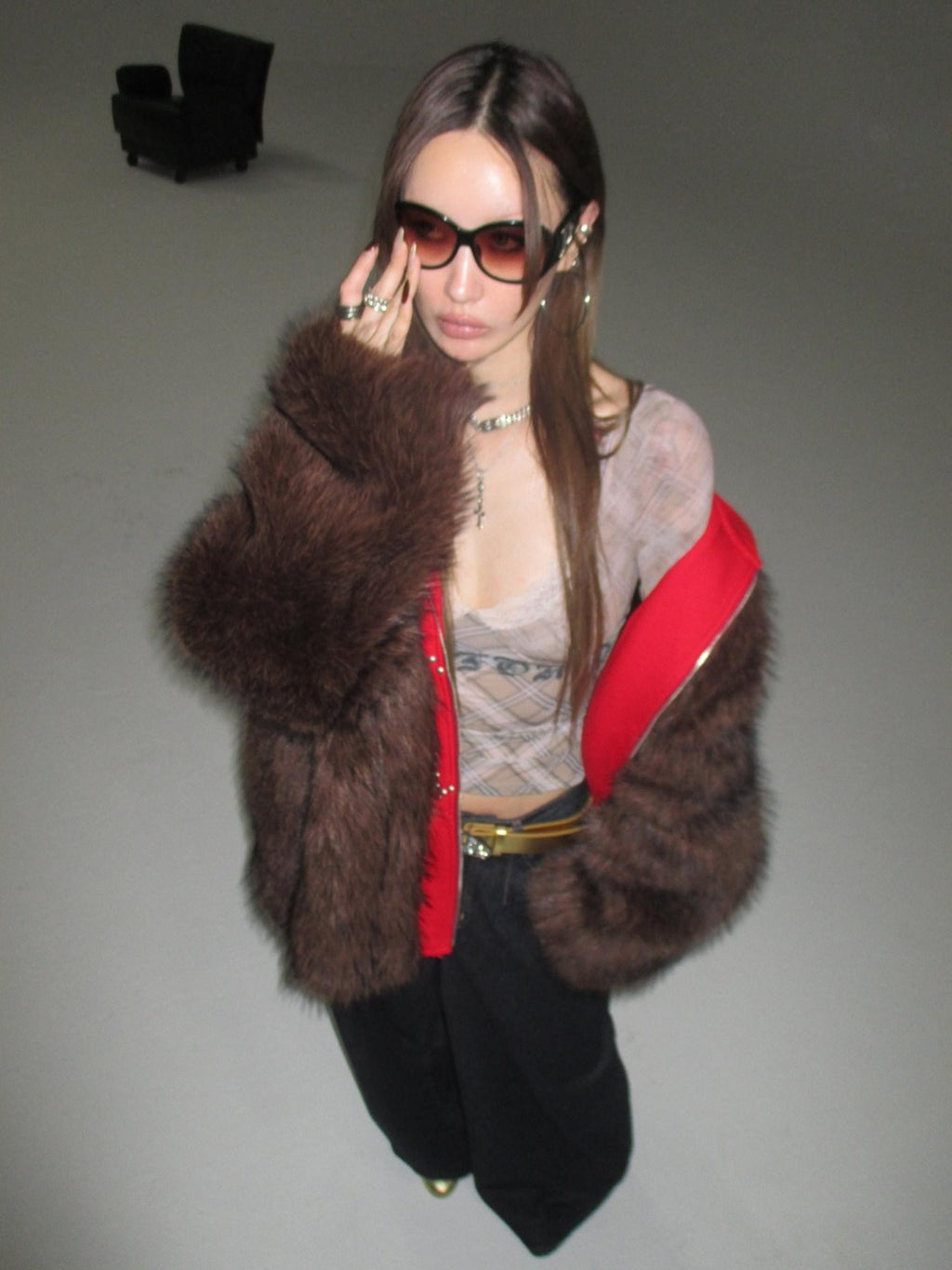 FOURFORTY Hooded Star Rivet Detail Women's Eco Friendly Faux Fur Coats